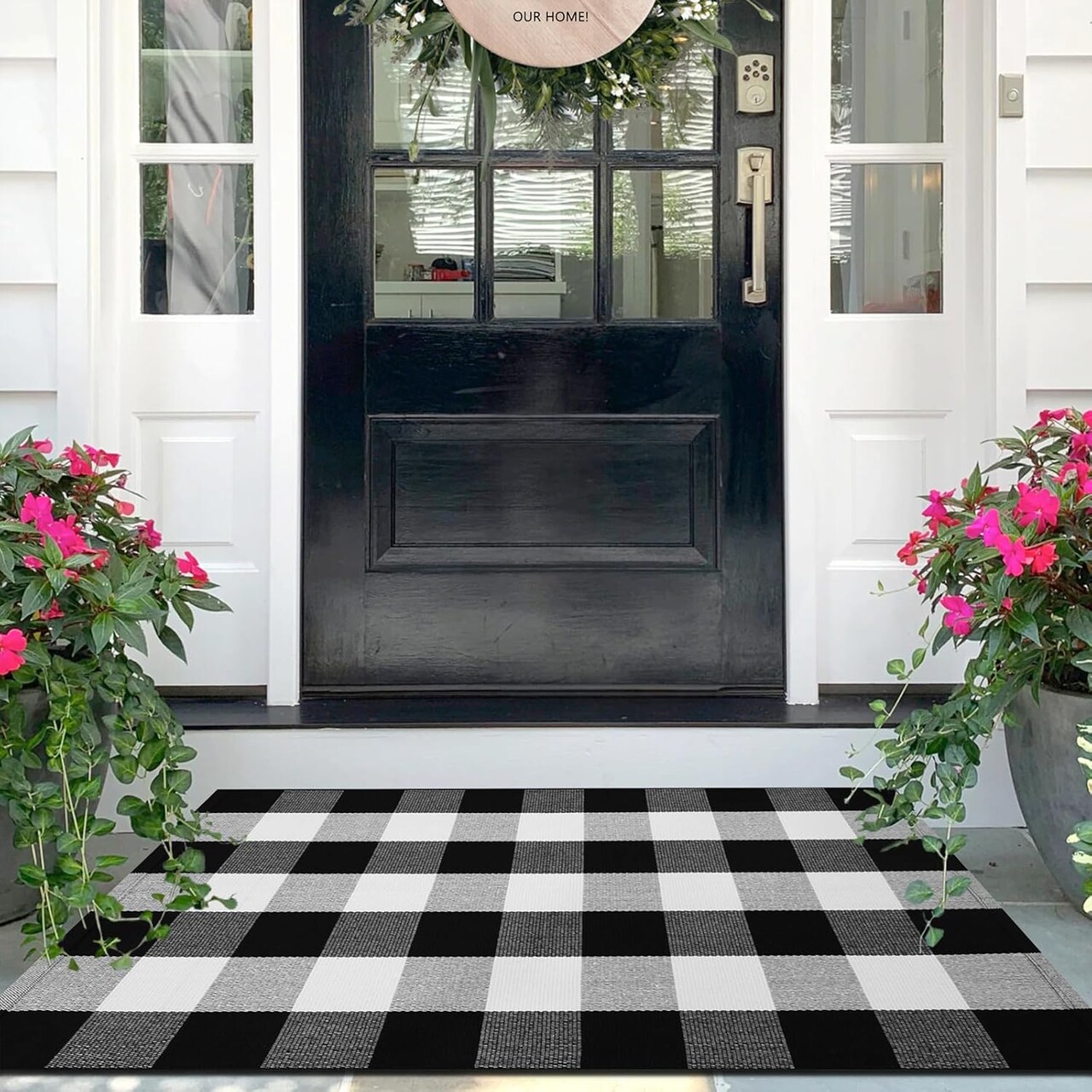 Cotton Buffalo Plaid Check Doormat - 27.5 x 43 Inches (Black and White)